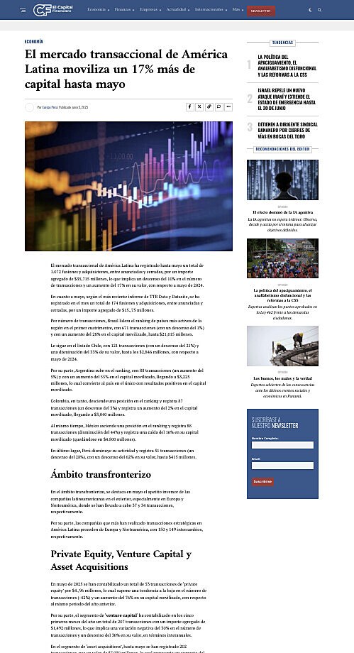 El mercado transaccional de Amrica Latina moviliza un 17% ms de capital hasta mayo